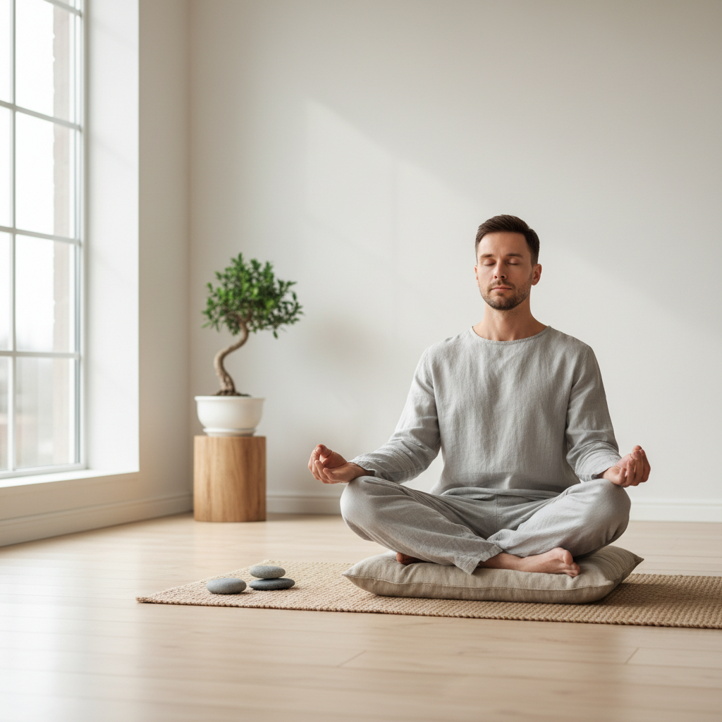 Homme assis en position de méditation dans un intérieur lumineux et épuré, les yeux fermés, illustrant la pratique de la respiration consciente et de la pleine présence