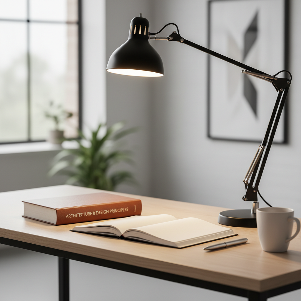 Bureau de travail épuré avec un carnet ouvert, un livre de référence et une lampe de lecture, évoquant l'environnement studieux d'un espace éditorial dédié à la production de contenus éducatifs