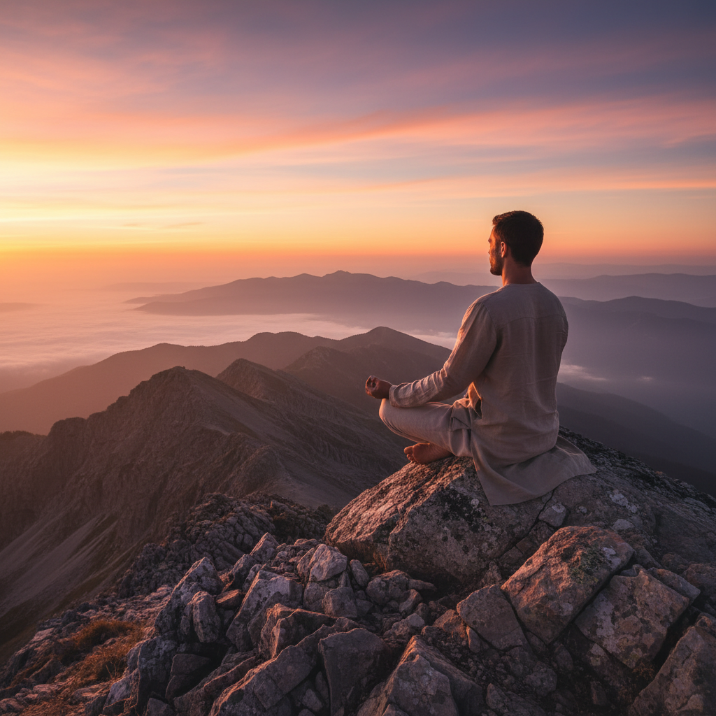 Homme en posture de méditation au sommet d'une montagne au lever du soleil, incarnant l'équilibre entre le corps et l'esprit dans un environnement naturel serein