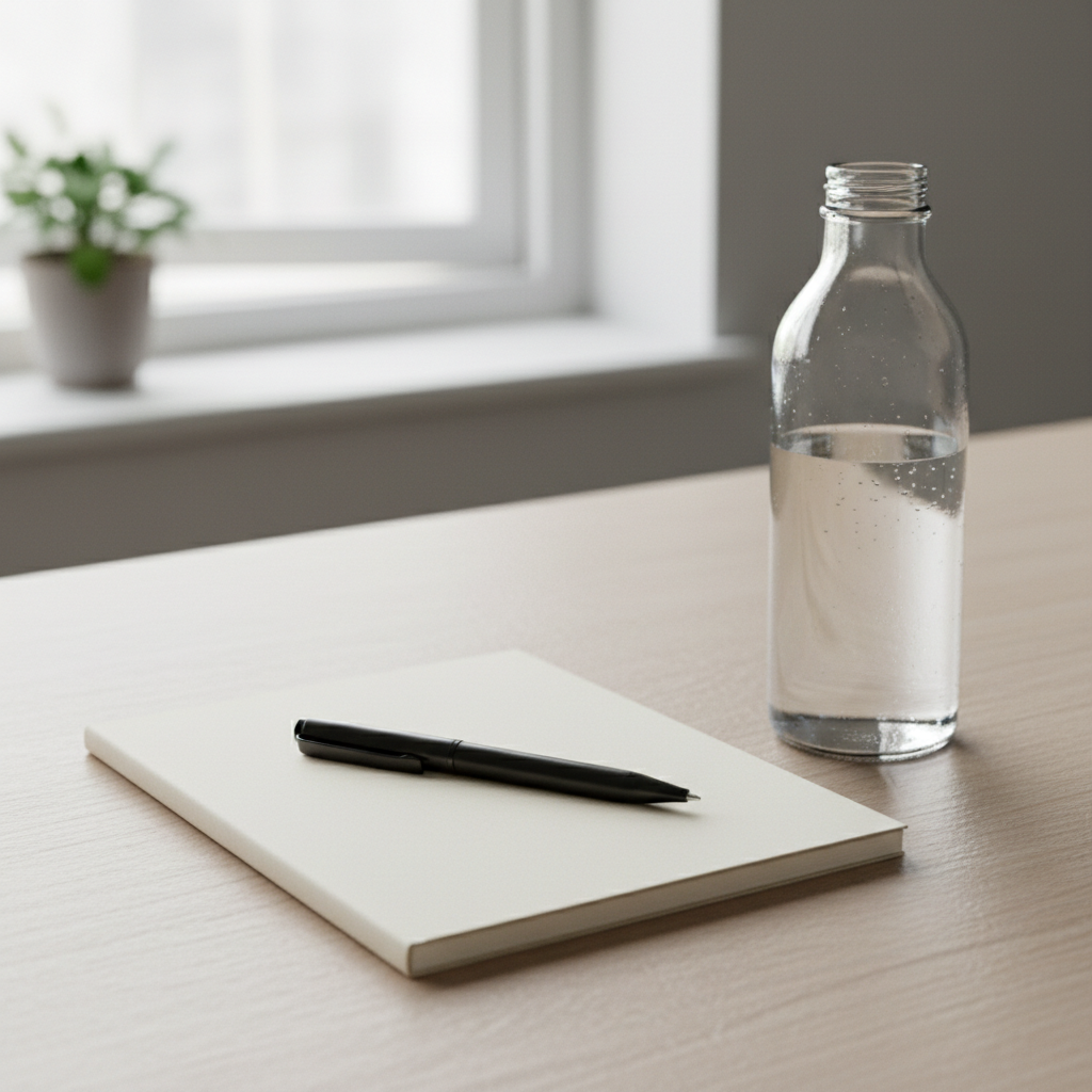 Carnet de notes minimaliste, stylo et bouteille d'eau posés sur une surface épurée en bois clair, évoquant la planification consciente de ses habitudes de vie quotidiennes