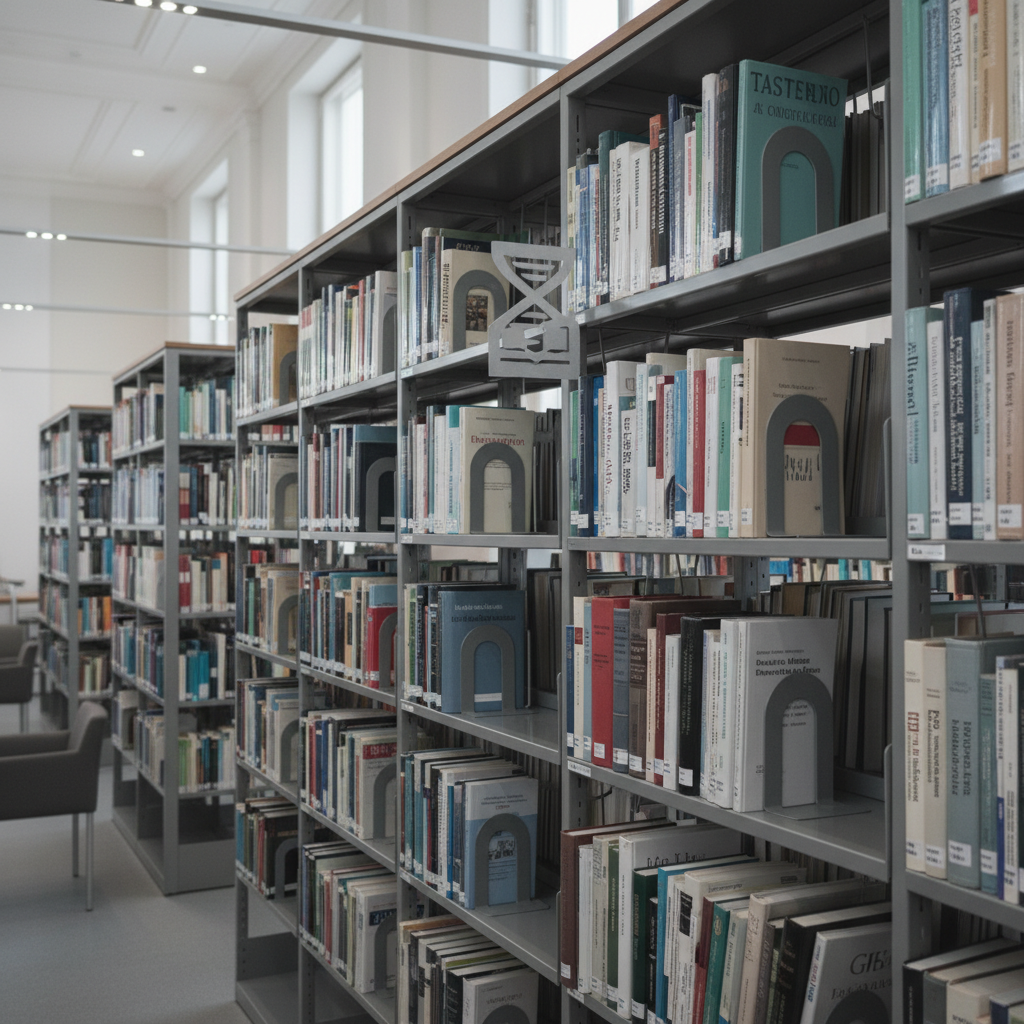 Rayonnage de livres et de revues scientifiques dans une bibliothèque sobre et bien éclairée, symbolisant l'accès au savoir et à la connaissance éducative